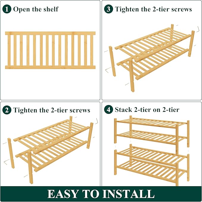 Smiry Bamboo Shoe Rack for Closet, 4 Tier Wooden Stackable Shoe Organizer, Free Standing Shoes Storage Shelf for Entryway, Front Door Entrance, Natural