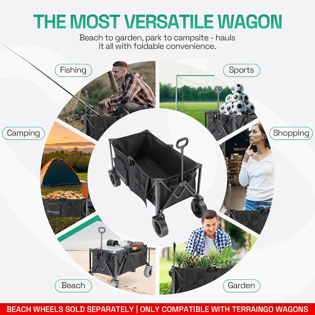 Foldable Beach Wagon Cart- Interchangeable All Terrain Wheels- 12" Beach Wheels Optional- Patent Pending- Gardening, Fishing, Shopping-Built-in Insulated Cooler Pouch, More Storage Pockets, Cupholders