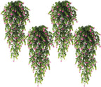 RECUTMS 4Pcs Fake Eucalyptus Leaves with Flowers Plastic Ivy Greenery Leaf Artificial Hanging Plants for Home Garden Wall Bedroom Office Wedding Decor Fuchsia
