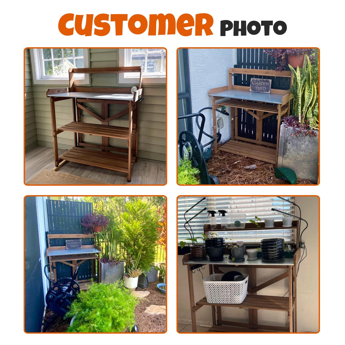 Outdoor Potting Bench Table, Indoor Wooden Work Station with Metal Table Top, Metal Hooks, Large Shelves, Heavy-Duty Gardening Workbench for Garden, Backyard, Patio, BBQ Prep Station, Easy Assembly