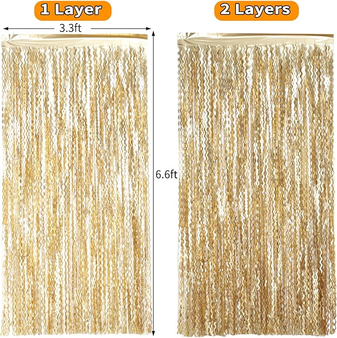 4 Pack Wavy Champagne Gold Metallic Tinsel Foil Fringe Curtains Backdrop - 3.3X6.6ft Foil Fringe Backdrop for Parties | Door Streamers for Birthday | Photo Booth Backdrops Party Decor