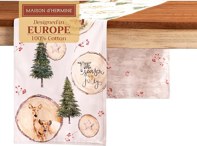 Maison d' Hermine Table Runner 100% Cotton Double Layer Table Runners 72 inches Long for Thanksgiving Christmas Decorations Home Kitchen Dining Party Wedding (Mountain Life, 14.5" x 72")