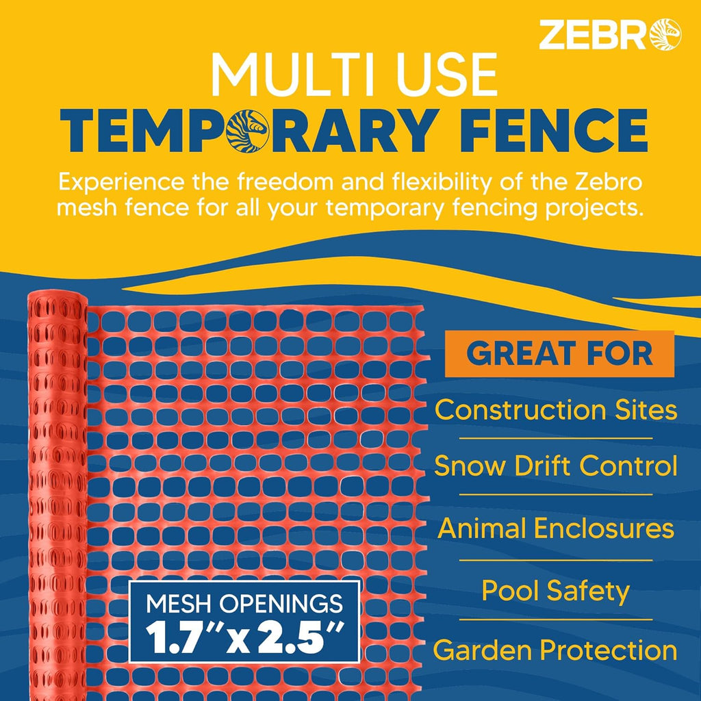 ZEBRO 4' x 50' Orange Plastic Garden Fence Roll – Standard Duty Safety Netting for Snow, Poultry, Deer, Dogs – Reusable Outdoor Barrier for Yard, Landscaping, Animal Protection