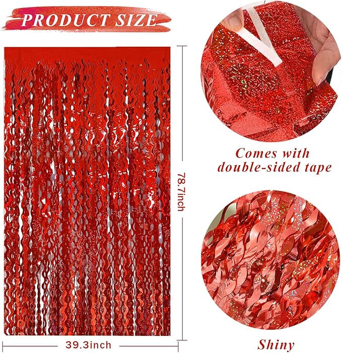 Red Streamers Tinsel Foil Fringe Curtains Wavy for Parties Sparkle Metallic Wavy Foil Fringe Backdrop Curtain for Party Decorations Photo Booth Props Birthday Graduation Wedding Valentines Decor