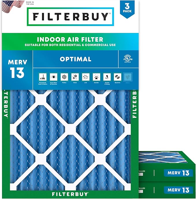 Filterbuy 15x20x2 Air Filter MERV 13 Optimal Smoke & Allergy Defense (3-Pack), Electrostatic Pleated HVAC AC Furnace Filters Replacement, Made in USA (Actual Size: 14.50 x 19.50 x 1.75)