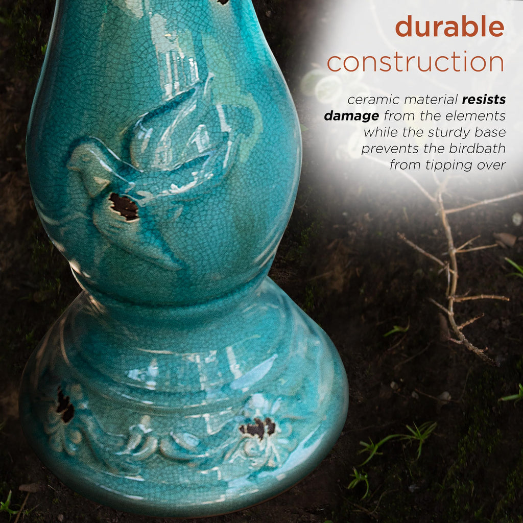 Alpine Corporation 25" Tall Outdoor Ceramic Antique Pedestal Birdbath with 2 Bird Figurines, Turquoise