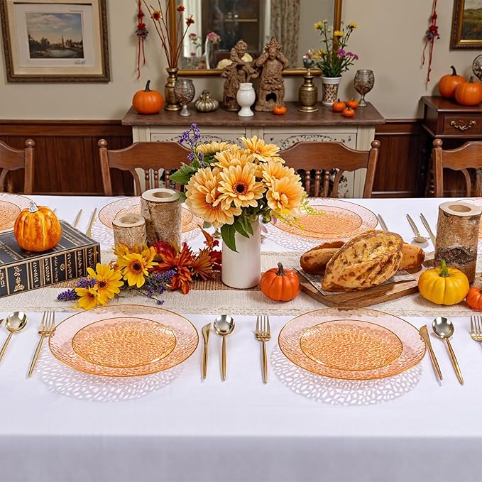 Rubtlamp 100Pcs Thanksgiving Plastic Dinner Plates, 10 Inch Disposable Orange Dinner Plates, Heavy Duty Plates with Gold Rim, Hammered Disposable Plastic Party Plates For Event Party