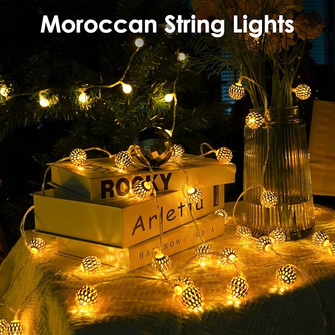 LORRYTE Moroccan String Lights Outdoor Battery Operated, 60 LED 36 FT Globe Fairy Lights with 8 Lighting Modes, String Lights for Bedroom Party Wedding Garden Christmas Decor (Warm White)