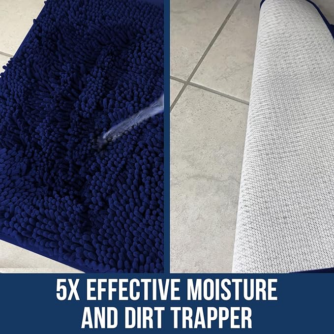 Muddy Mat Chenille Bathroom Rugs Quick Dry Microfiber Mats Non Slip Washable, Extra Thick, Soft and Highly Absorbent Bath Mats for Bathroom, Kitchen, and Shower Floor - Navy Blue Medium 30"X19"