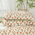 SAPHREAS Red Tulips Floral Green Leaves Duvet Cover Set Twin Size 2pcs Soft Cozy Garden Style Bedding Comforter Cover Set 100% Cotton 1 Duvet Cover 68"x90" 1 Pillow Sham, Comforter Not Included