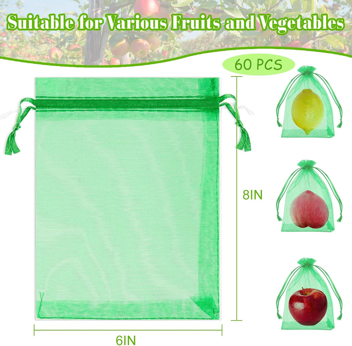 Morcheiong 60Pcs Fruit Protection Bags 6"" x 8"", Reusable Fruit Netting Bags for Fruit Trees, Garden Netting Mesh Bags with Drawstring (Dark Green), M1076MCHYB