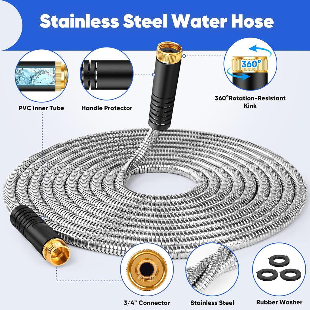 Garden Hose 25ft, Stainless Steel Metal Water Hose with 10 Function Nozzle, Lightweight Hose, No Kink, Leak-proof, Puncture Resistant for Yard, Outdoor, RV