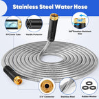 Garden Hose 25ft, Stainless Steel Metal Water Hose with 10 Function Nozzle, Lightweight Hose, No Kink, Leak-proof, Puncture Resistant for Yard, Outdoor, RV