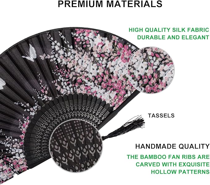Amajiji 8.27"(21cm) Hand Held Bamboo Silk Folding Fan Hand Fan,Chinese/Japanese Charming Elegant Vintage Retro Style,Women Ladys Girls Best Gifts (Black Butterfly)