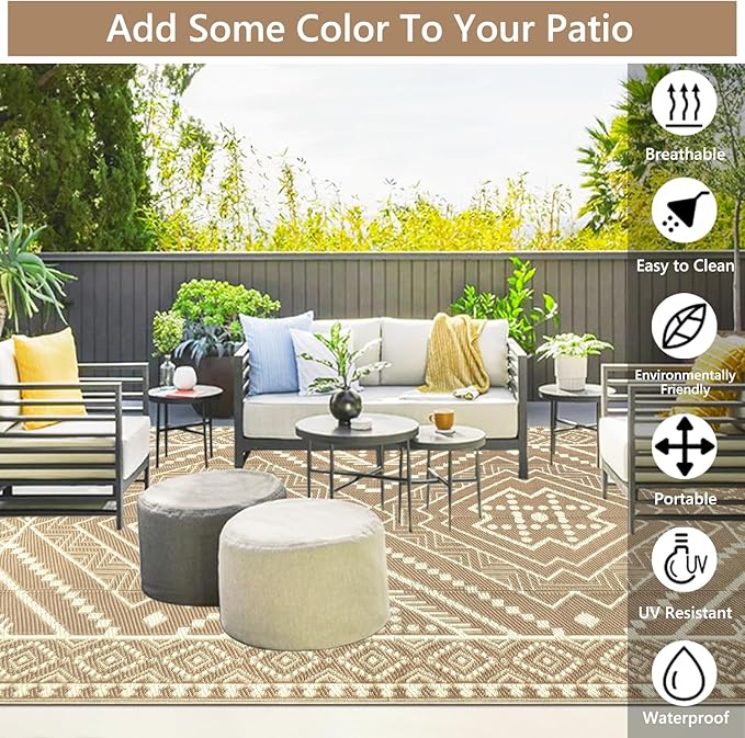 Waterproof Outdoor Rug 8x10 ft, Reversible Plastic Straw Mat, Large Floor Mat for Patio, Camping, Picnic, Backyard RV, Deck, Beige