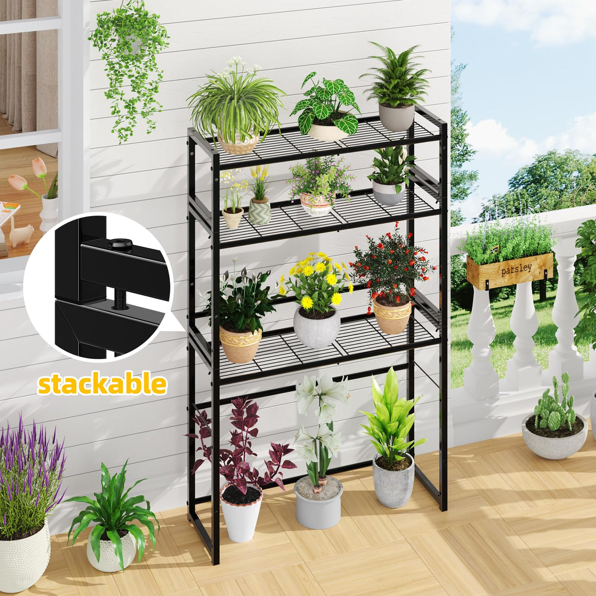 Simple Trending 3 Tier Metal Plant Stand Outdoor Indoor Waterproof, Stackable Heavy Duty Tall Plant Shelf Flower Pot Holder for Garden, Display Rack, Black