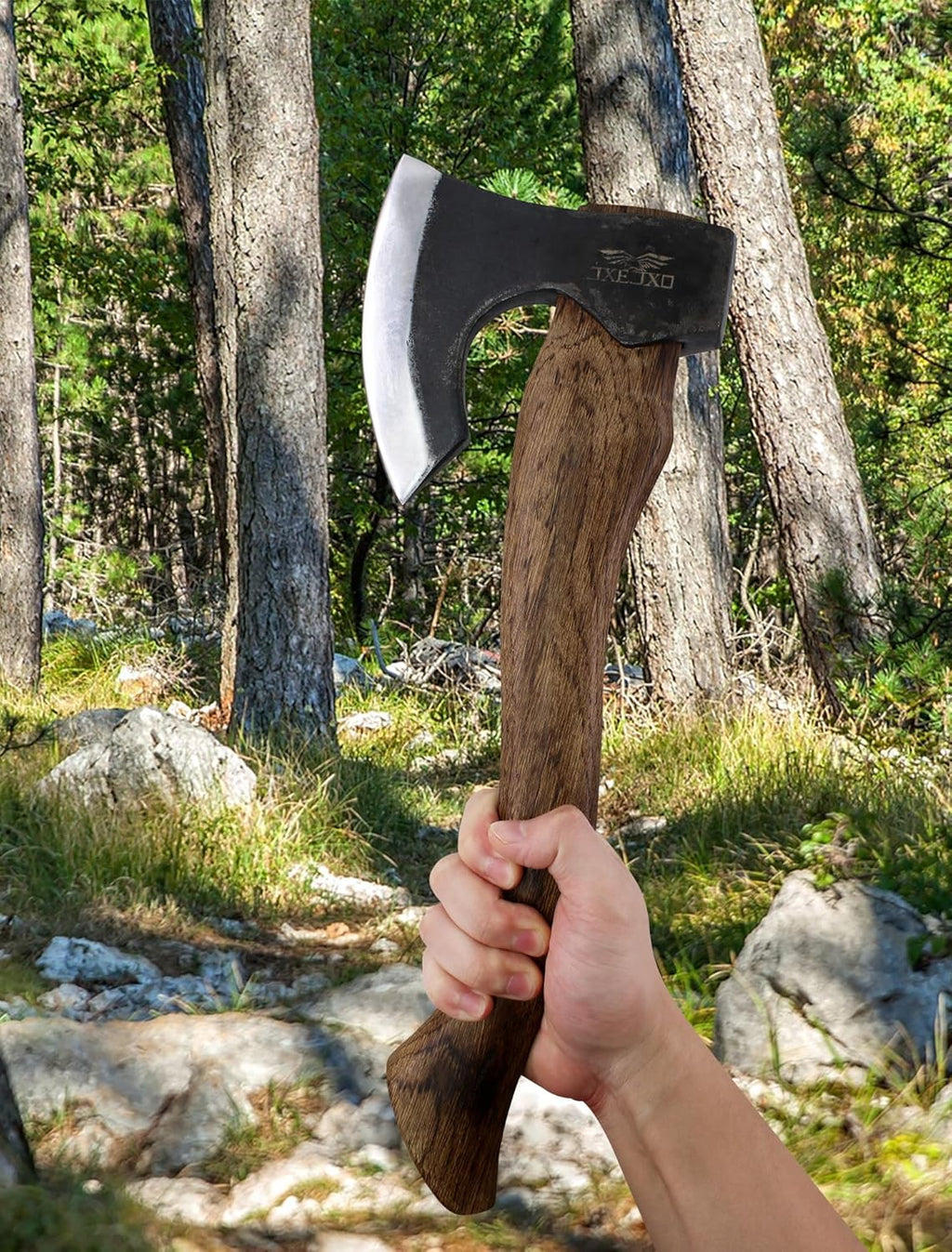 The Berserker - Camping Hatchet - Bushcraft Axe for Wood Chopping Carving- 15.7" Hand Axe with Leather Sheath