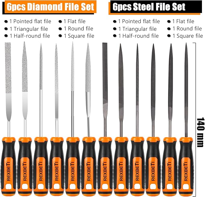 REXBETI 19Pcs Metal Needle File Set, Small Diamond Files, 12Pcs Jewlers Files and Steel Files for Precision Metal and Woodworking with 6Pcs Sandpaper, Metal Brush and Carry Case
