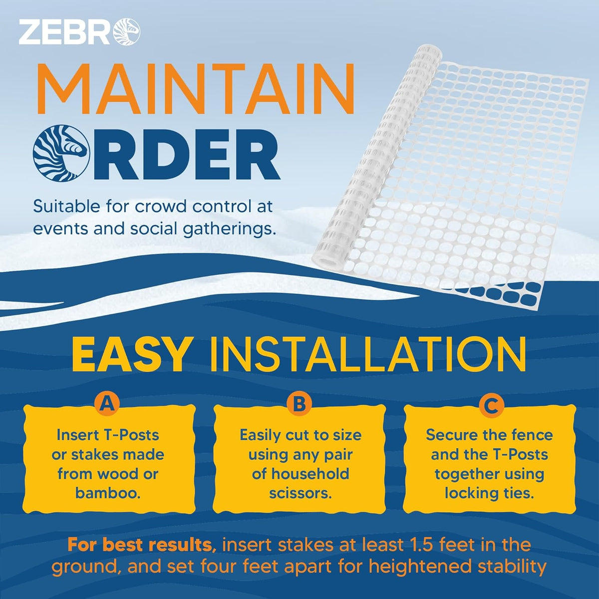 ZEBRO 4' x 100' White Plastic Garden Fence Roll – Standard Duty Safety Netting for Snow, Poultry, Deer, Dogs – Reusable Outdoor Barrier for Yard, Landscaping, Animal Protection