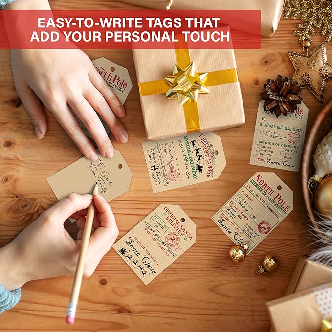 from Santa Christmas Gift Tags, 48 Kraft Labels with String (2x3”), 4 Vintage Santa Tags, Rustic Holiday Name Labels for Presents