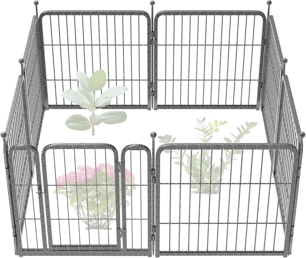 FXW Garden Fence Outdoor for The Yard – 24in(H) x 15.2ft(L) Heavy Duty Metal Animal Barrier for Dog and Rabbit, Decorative Dog Fence, 8 Panels, Silver