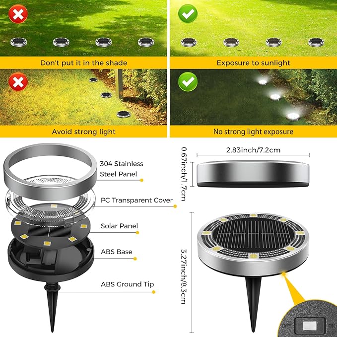 4 Pack Solar Ground Lights Outdoor, Solar Powered Disc Lights for Outside, IP65 Waterproof Anti-Rust Flat Disk Light, Small Landscape Lighting for Pathway Garden Yard Walkway Driveway Lawn,Cool White
