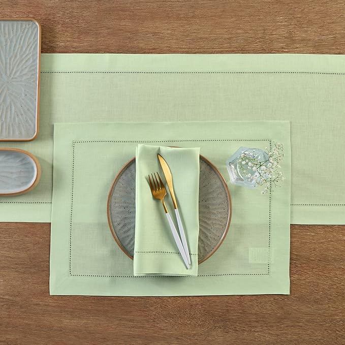 Solino Home Linen Table Runner 120 Inches Long - 100% Pure Linen Light Green Table Runner 14 x 120 Inch - Classic Hemstitch