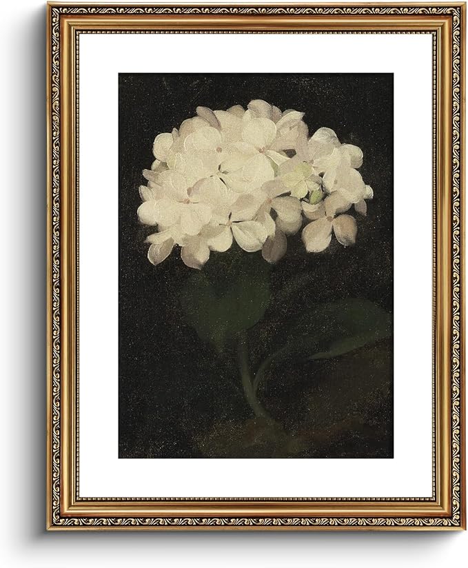 VIYYIEA Gold Framed Wall Art Canvas Print Home Decor Vintage Flower Art Aesthetic Room Decor White Hydrangea Oil Painting Canvas Prints Bedroom Bathroom Wall Decor Kitchen Office Floral Art 16x20in