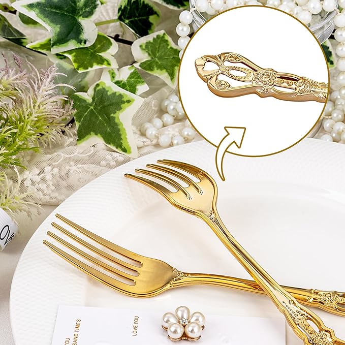 75PCS Gold Plastic Forks - 8.1inch Gold Forks Disposable - Vintage Heavy Duty Dessert Forks - Premium Fancy Plastic Silverware for Parties, Weddings, Dinners and Events