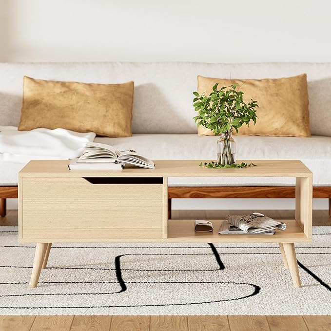 Oak Coffee Table, Mid Century Modern Coffee Table with Drawer & Shelf, 39'' Wooden Simple Console Table for Living Room