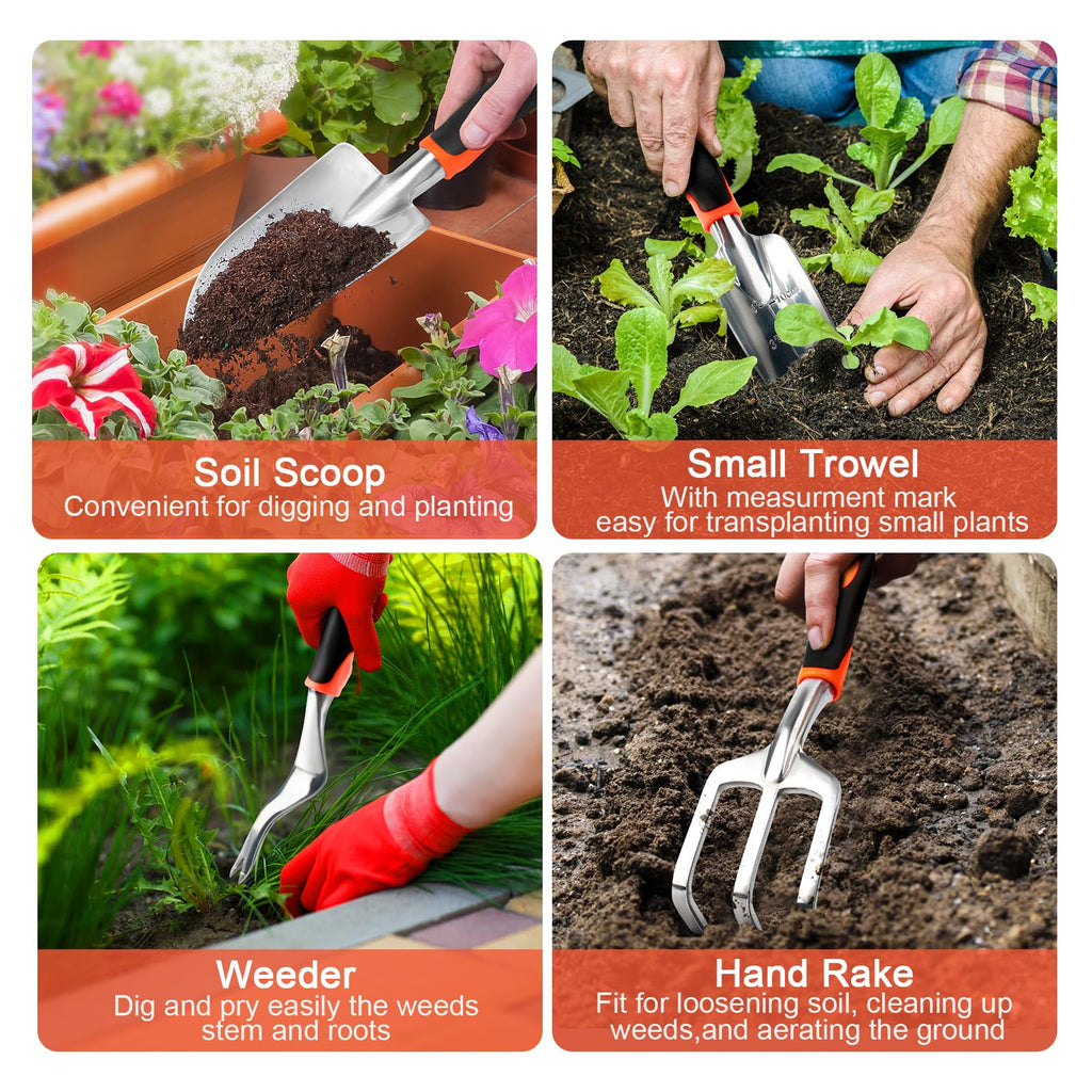 Garden Tools Set, 8 Piece Gardening Tools Set with Non Slip Ergonomic Handle, Heavy Duty Garden Tool Set with Storage Bag, Gardening Kit for Women, Garden Hand Tools Gift for Women and Men, Orange
