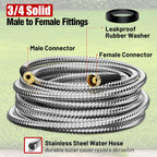 Garden Hose 25 ft, Stainless Steel Metal Water Hose 25 Feet with Nozzle, Flexible, Rust Proof, No-Kink, Heavy Duty, Leakproof 3/4 in Fittings, Lightweight Metal Hose, BT25S Model