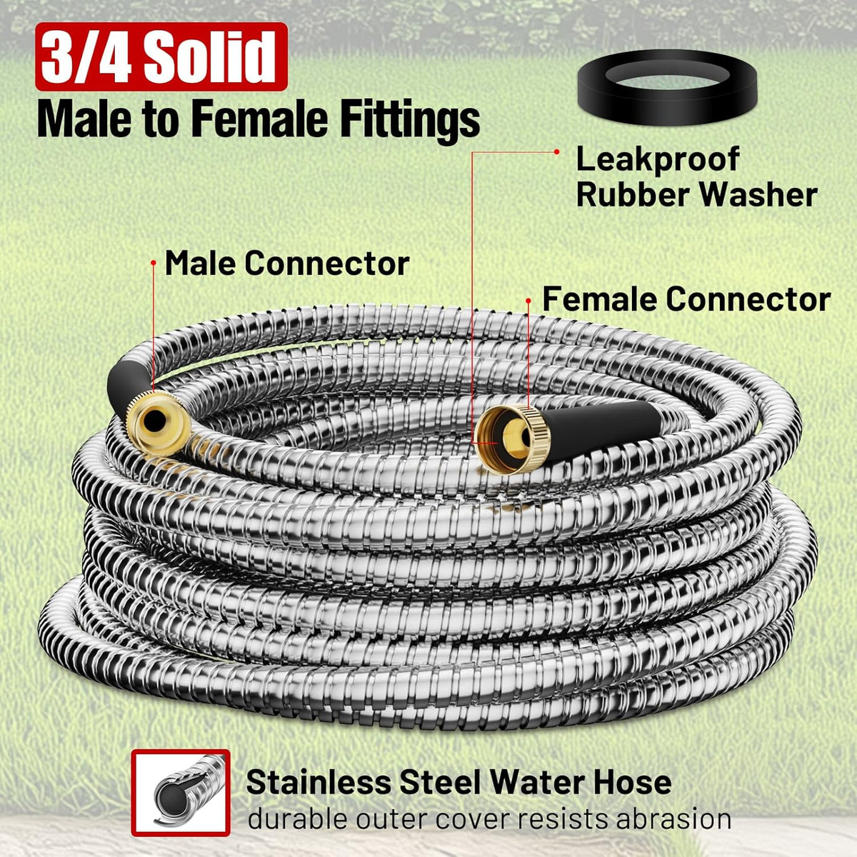 Garden Hose 50 ft, Stainless Steel Metal Water Hose 50 Feet with Nozzle, Flexible, Rust Proof, No-Kink, Heavy Duty, Leakproof 3/4 in Fittings, Lightweight Metal Hose, BT50S Model