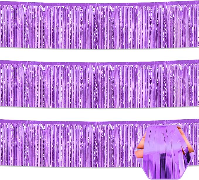 3 Pack 10 Feet Light Purple Foil Fringe Garland Metallic Tinsel Streamers Banner Wall Hanging Curtain Backdrop for Parade Floats, Christmas, Thanksgiving, Birthday Party Decorations