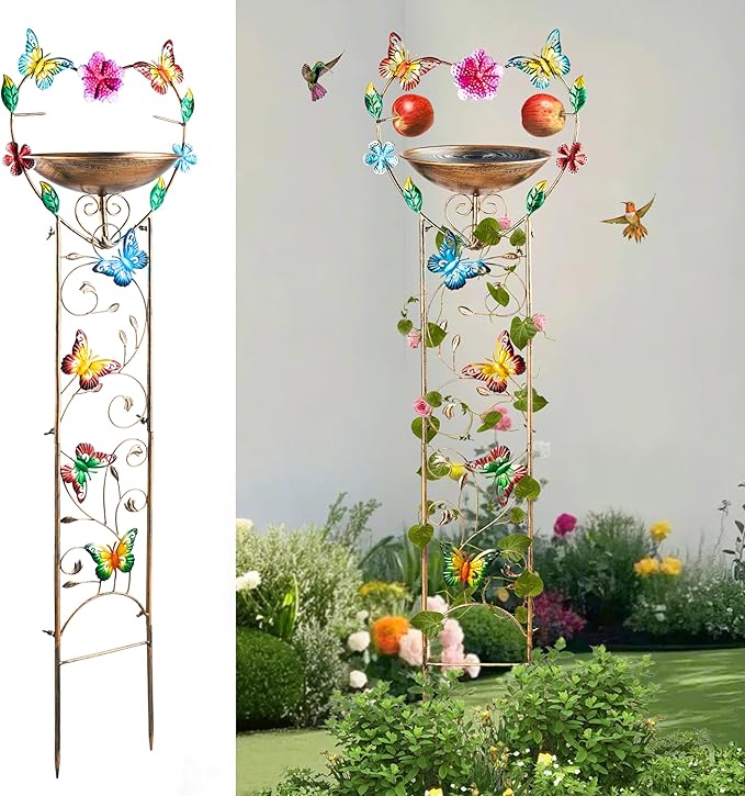 44" Height Bird Bath with Trellis for Climbing Plants Outside,Metal Antique Butterfly Heart Garden Plant Trellis with Detachable Bird Bath Bowl & Fruits Plants Support,Garden Patio Decor