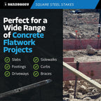 Sandbaggy Square Steel Concrete Form Stakes with Nail Holes - 5/8" Wide - Rust Resistant Coating - Removable, Reusable - Construction Grade Stakes (12 inch, 100)