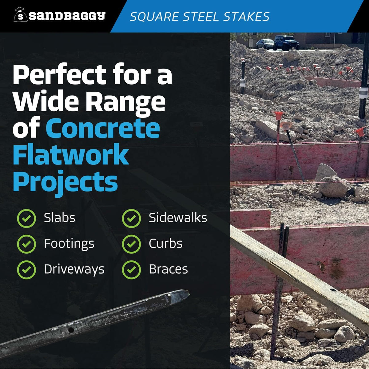 Sandbaggy Square Steel Concrete Form Stakes with Nail Holes - 5/8" Wide - Rust Resistant Coating - Removable, Reusable - Construction Grade Stakes (12 inch, 100)