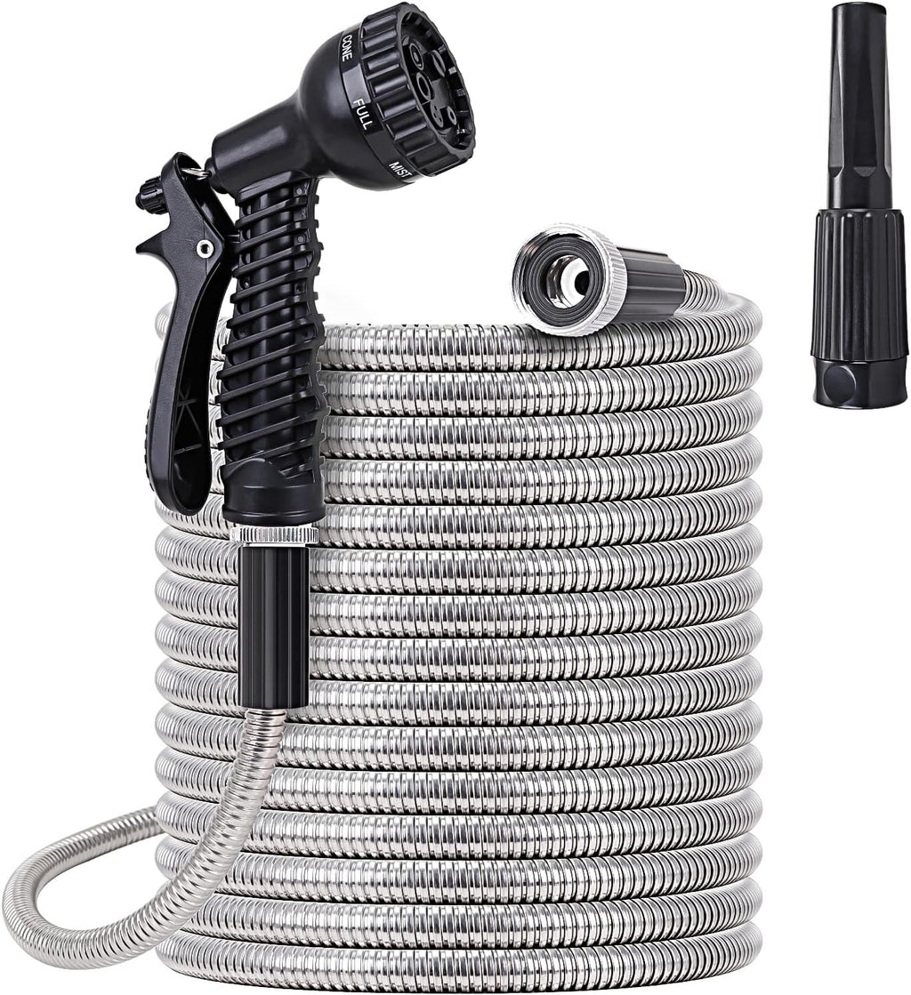 FOXEASE Stainless Steel Garden Hose 75 ft - Metal Water Hose with 2 Nozzles, Lightweight, Tangle Free & Kink Free, Heavy Duty, High Pressure, Flexible, Dog Proof