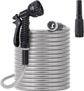 FOXEASE Metal Water Hose 100 ft - Stainless Steel Water Hose with 2 Nozzles, Lightweight, Tangle Free & Kink Free, Heavy Duty, High Pressure, Flexible, Dog Proof