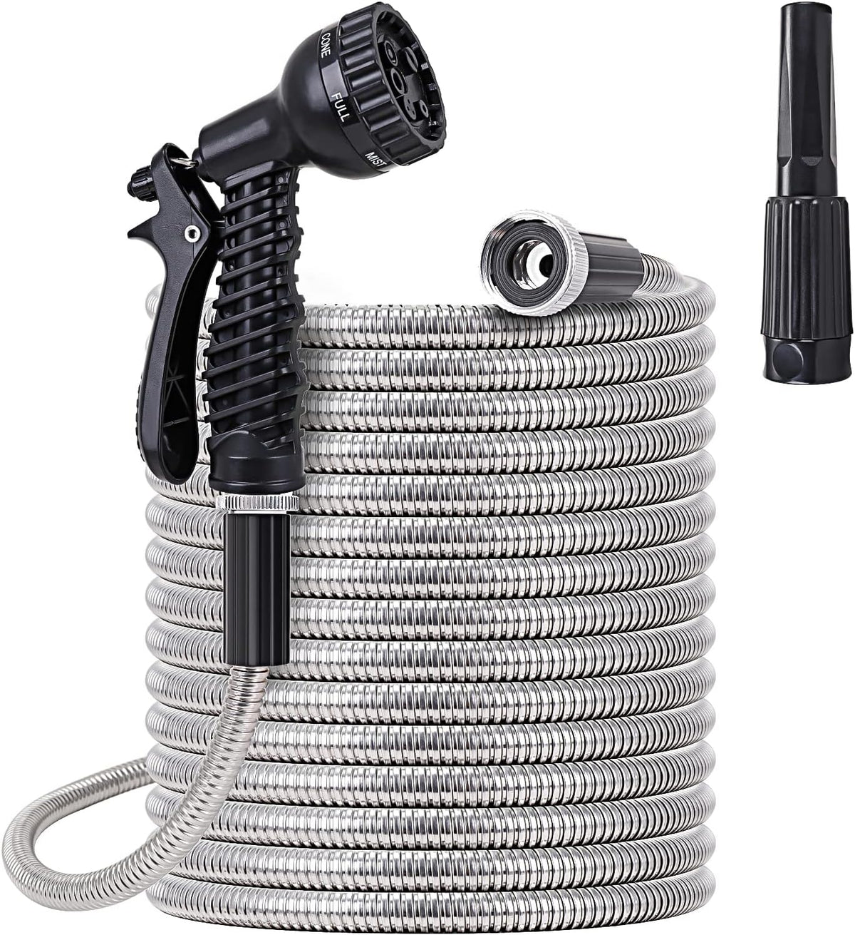 FOXEASE Metal Water Hose 100 ft - Stainless Steel Water Hose with 2 Nozzles, Lightweight, Tangle Free & Kink Free, Heavy Duty, High Pressure, Flexible, Dog Proof