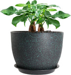 12inch Large Plant Pot, Modern Plastic Planter with High Driange Holes and Saucer for Indoor Outdoor Garden Plants and Flowers, Black with Green Speckles
