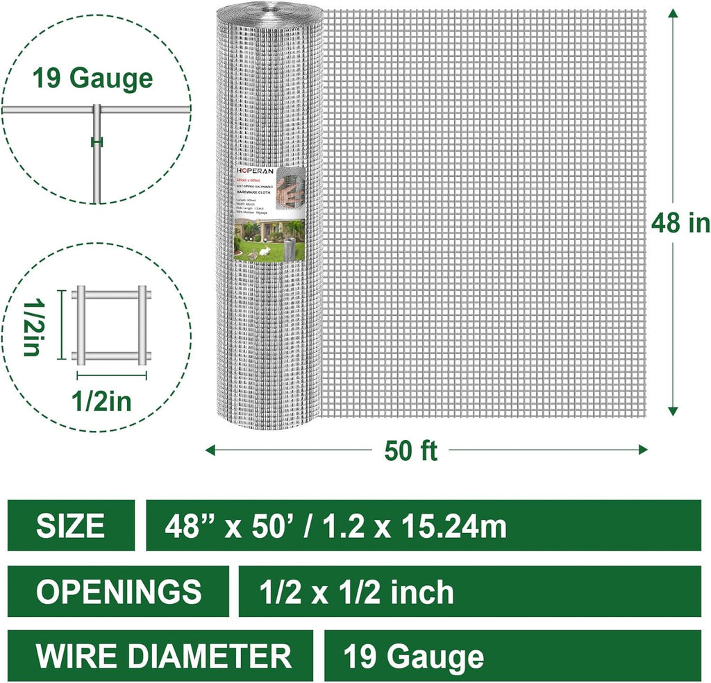 HOPERAN Hardware Cloth 1/2 Inch 48 x 50 ft - 19 Gauge Chicken Wire Fencing, Galvanized Wire Mesh Roll, Welded Wire Fence, Chicken Coop Wire Fence Gopher Wire Rabbit Wire Poultry Netting Cage
