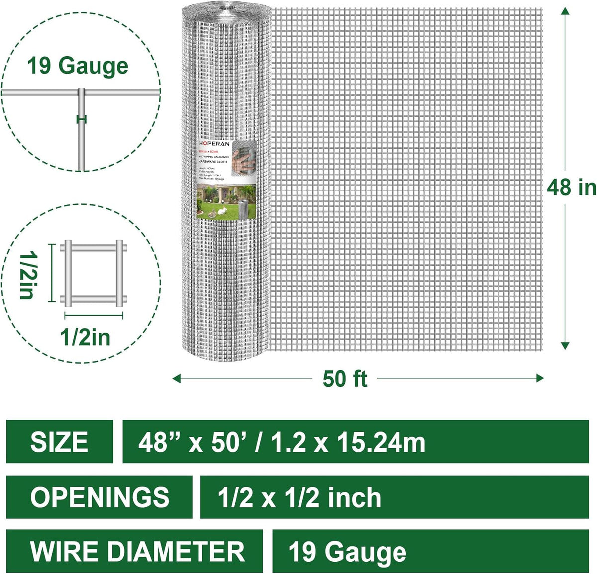 HOPERAN Hardware Cloth 1/2 Inch 48 x 50 ft - 19 Gauge Chicken Wire Fencing, Galvanized Wire Mesh Roll, Welded Wire Fence, Chicken Coop Wire Fence Gopher Wire Rabbit Wire Poultry Netting Cage