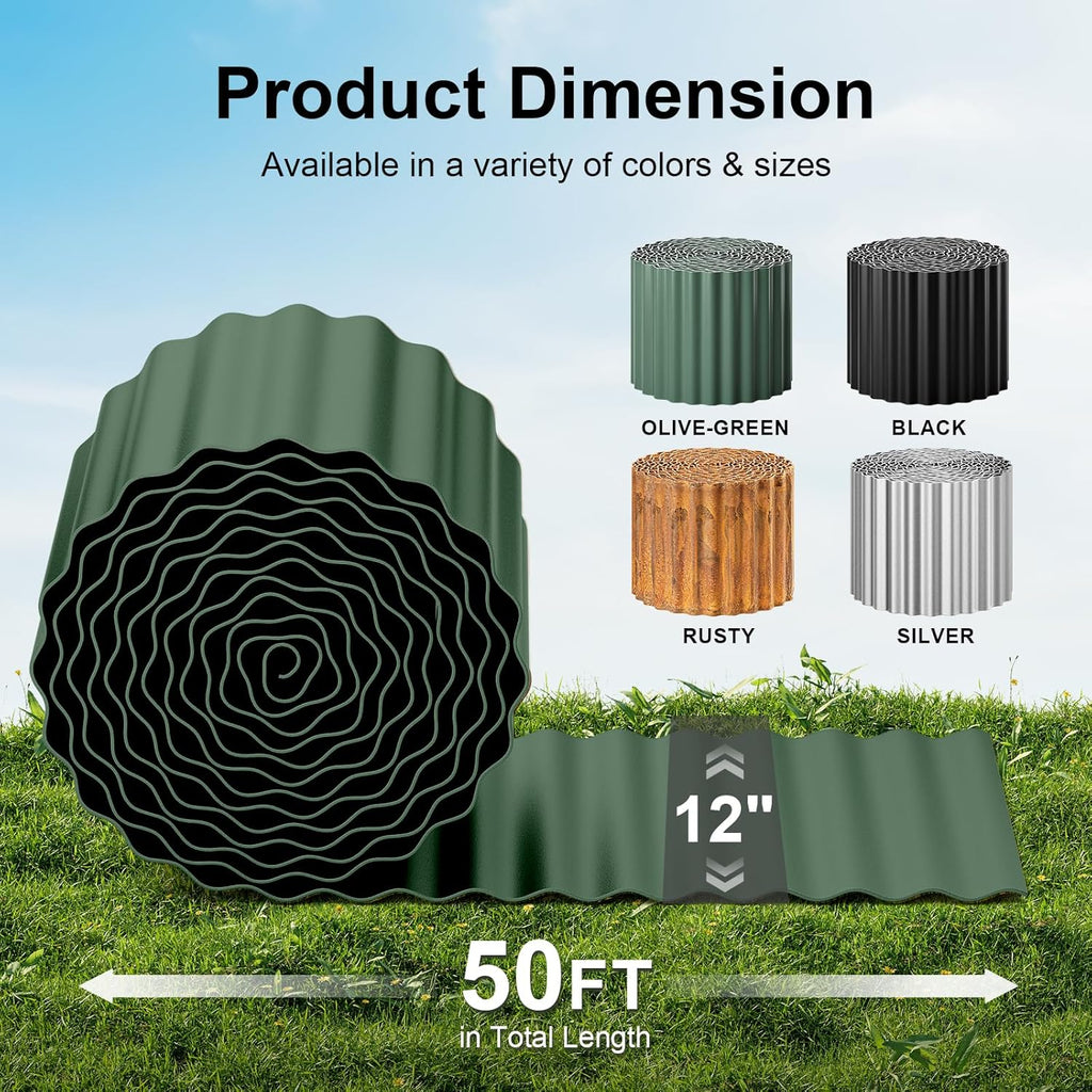 Land Guard Corrugated Metal Garden Edging, 12"×50Ft Steel Landscape Edging, Corrugated Metal Yard Edging Borders, Steel Edging for Landscaping, Garden Fence, Lawn, Flower Bed (Olive-Green)
