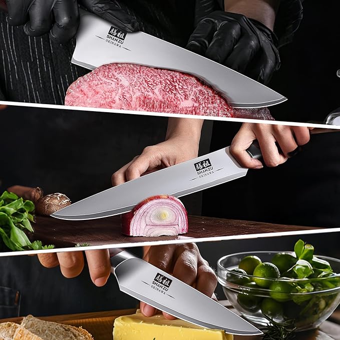 SHAN ZU Japanese Knife Set 3 PCs, High Carbon 10Cr15Mov Stainless Steel Chef Knife Set, Ultra-Sharp Professional Kitchen Knives Set with Ergonomic Pakkawood Handle and Elegant Gift Box