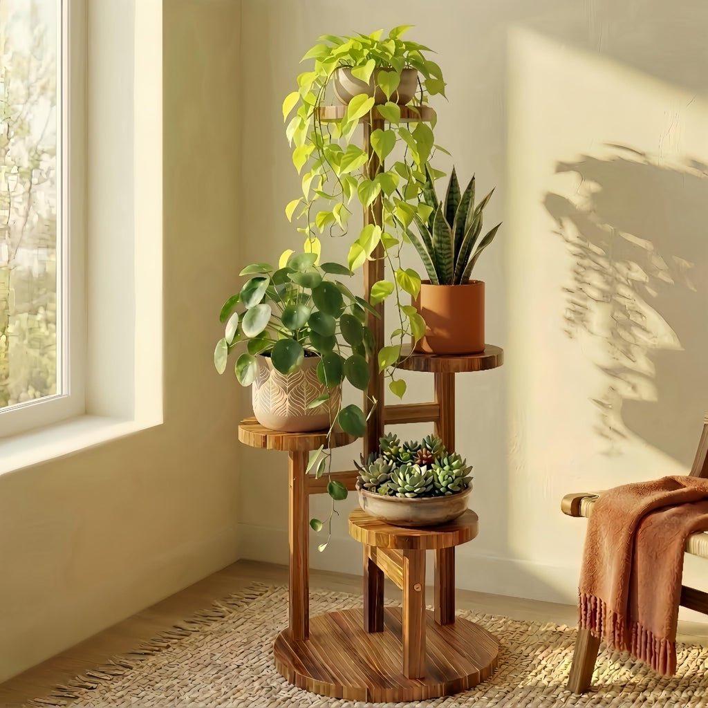 Bamworld Plant Stand Indoor Wood Plant Shelf 4 Tier Brown