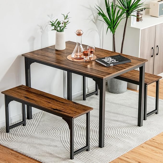 NAFORT Dining Table Set for 4, 3-Piece Kitchen Table with 2 Benches, 43.5’’ Space Saving Dining Room Table with Reinforced Metal Frame & Solid Wood Top, Ideal for Home, Restaurant, Patio Outdoor
