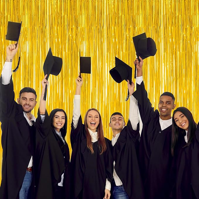 4 Pack 2025 Graduation Party Decorations, 3.28 x 7.05 Feet Gold Grad Curtains, Metallic Gold Backdrop Curtain Class of 2025 Backdrop Party Streamer, Congrad Backdrop Grad Decor 2025