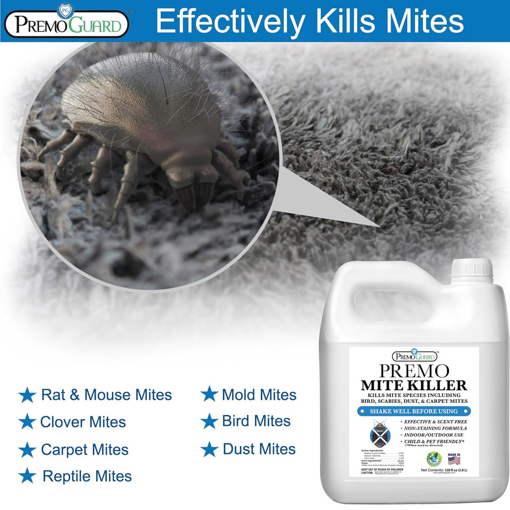 Premo Guard Natural Mite Spray – Large 128 oz Bottle – Plant Based Treatment for Dust, Spider, Carpet, Bird, Rat Mites – Safe for Families, Pet, Home, Bedding & Furniture When Used As Directed