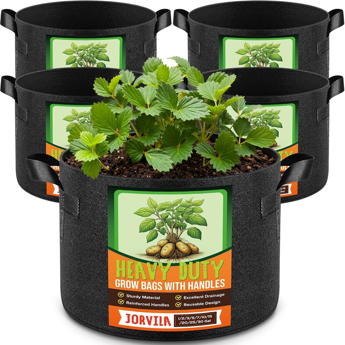 5 Pack 10 Gallon Grow Bags, Thickened Nonwoven Fabric Planter Pots with Handles, Heavy Duty 300G Garden Pots for Tomato, Potato and Vegetable